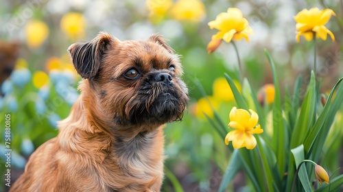 Griffon Bruxellois dog in the spring garden photo