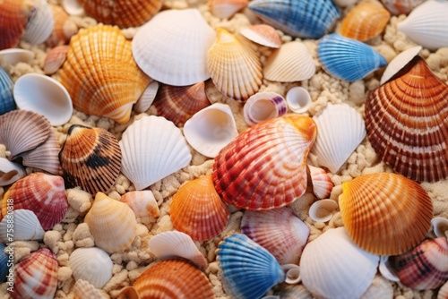 A close up of a pile of shells  perfect for beach and summer themes