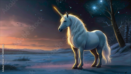 unicorn horse in white color wondering in the forest under the lake with dark blue sky in the front of twinkling of the stars abstract background of the unicorn animal in pure and deep white color  