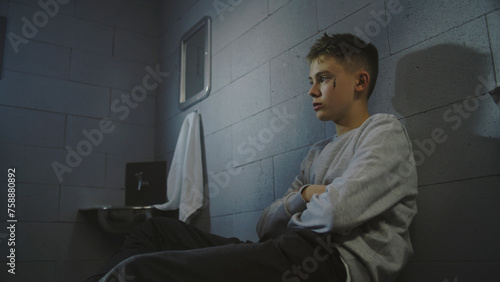 Fotografie Upset Caucasian teenage prisoner sits on the bed in prison cell
