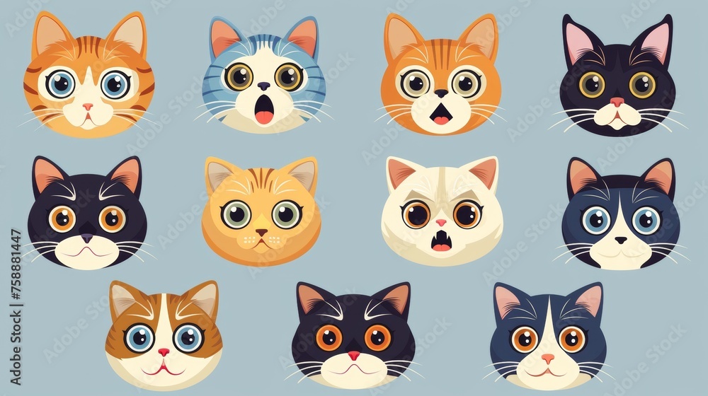 Cute shocked cats, flat modern illustration. Funny puzzled puzzled shocked puzzled kitties looking, staring, with astonished emotion, expression. Isolated flat modern image.