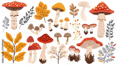 Set of mushrooms. Autumn forest fungi. Fall fungi, boletus, porcini, amanita, fly agaric, caps and stalks. Food plant, botanical design elements. Isolated flat modern illustrations.