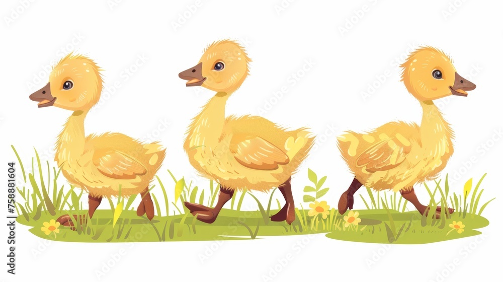 Funny little geese group walking on grass. Adorable baby goslings on grass. Countryside birds, poultry, feathered farm animals. Flat modern illustration isolated on white. Funny little geese group walking on grass. Adorable baby goslings on grass. Countryside birds, poultry, feathered farm animals. Flat modern illustration isolated on white.