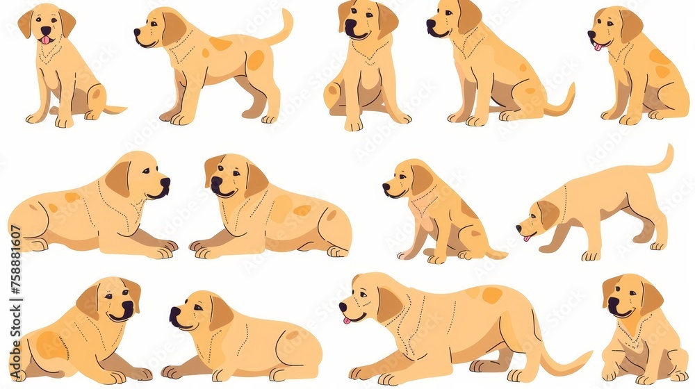 Stunning illustrations of a lovable labrador retriever puppy sitting, lying, standing, and running on a white background. Canine animal, pet illustration. Modern illustrations.