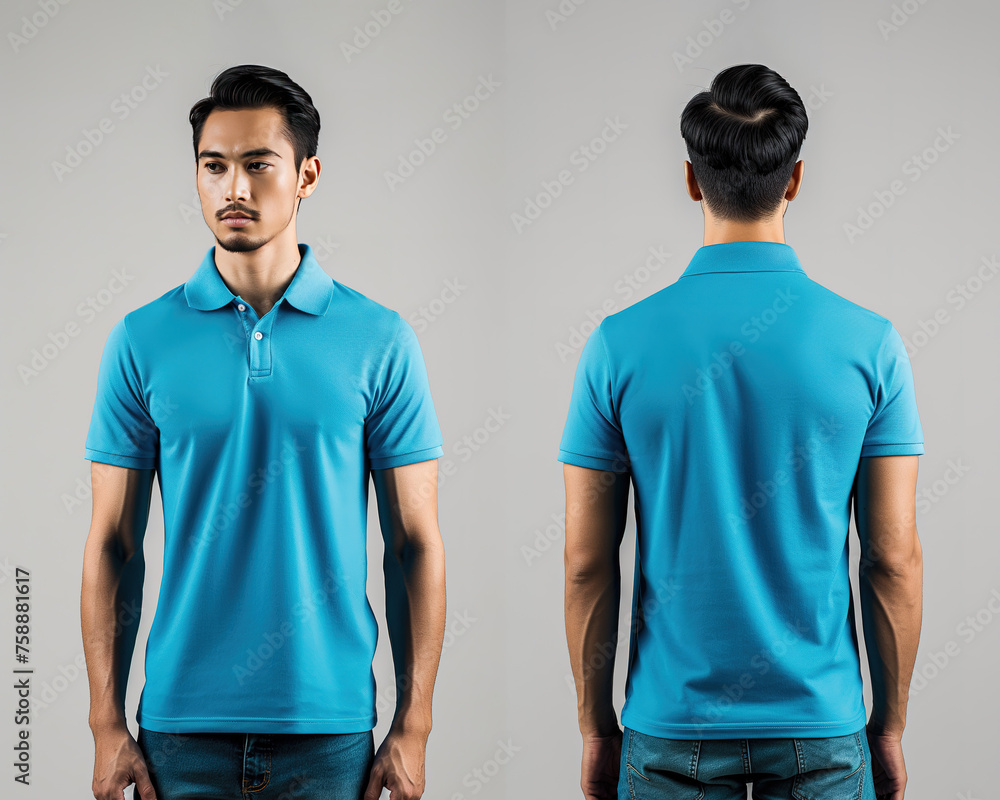 Front and back views of a man wearing a blue polo shirt mockup template Front and back views of a man wearing a blue polo shirt mockup template