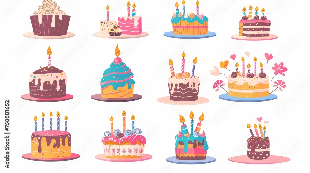 An illustration of birthday cakes, cupcakes and a pastry piece with a festive candle. A set of bakery items on a white background with flat modern illustrations.
