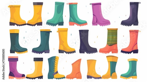 Rubber wellies and gumboots for rainy weather. Trendy water-resistant footwear with a trendy style. Flat modern illustrations isolated on white. photo