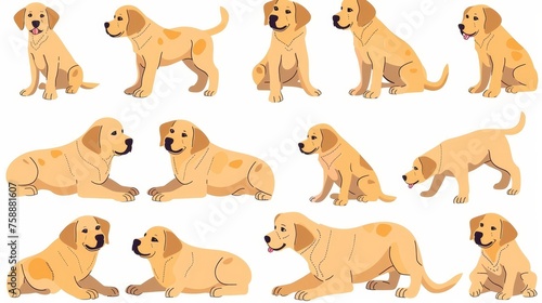 Stunning illustrations of a lovable labrador retriever puppy sitting, lying, standing, and running on a white background. Canine animal, pet illustration. Modern illustrations. © Mark