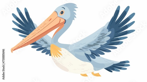 The world's cutest funny pelican. A baby bird with a big beak spreading its wings. Wild fauna designed in a childish style. White isolated modern illustration of children.