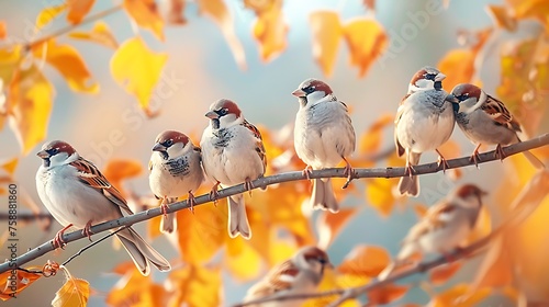 many little birds sparrows sitting on a branch in a bright autumn