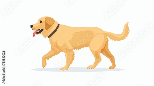 This cute dog walking illustration is made up of a Golden Retriever puppy with a collar going with its tail up. It is isolated on a white background and is a flat modern illustration.