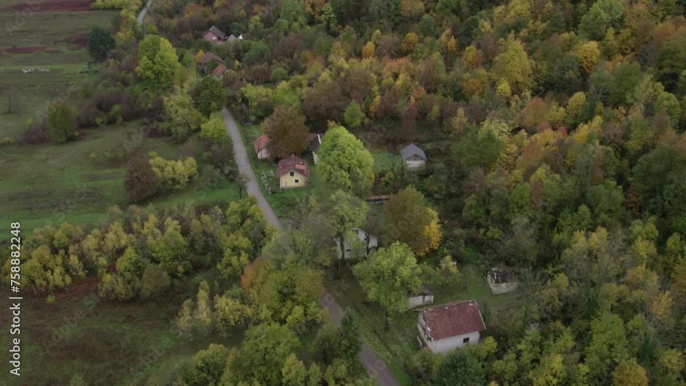 Aerial view of old abandoned houses in autumn nature, Zeljava, Croatia Aerial view of old abandoned houses in autumn nature, Zeljava, Croatia