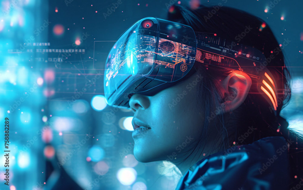 Futuristic Portrait of a young woman wearing augmented or virtual reality glasses in neon light and halography. Integration of virtual reality into everyday life concept