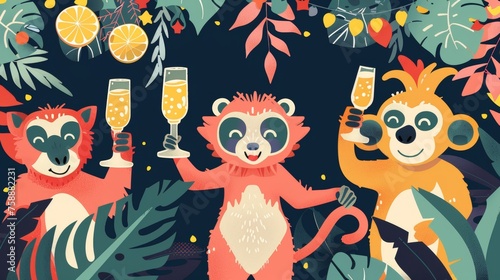 Funny wild characters celebrating with champagne in wineglasses at a party card design. Cute cool monkey and lemur friends at the celebration. Flat modern illustration. © Mark