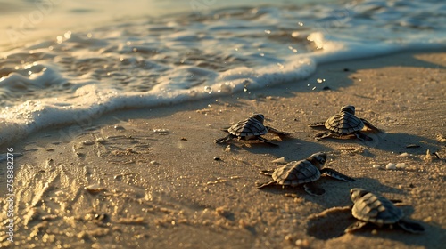 newborn turtles crawl along the sandy beach to the water