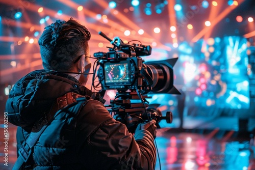 Generative AI image of cameraman is filming an entertainment show on the set