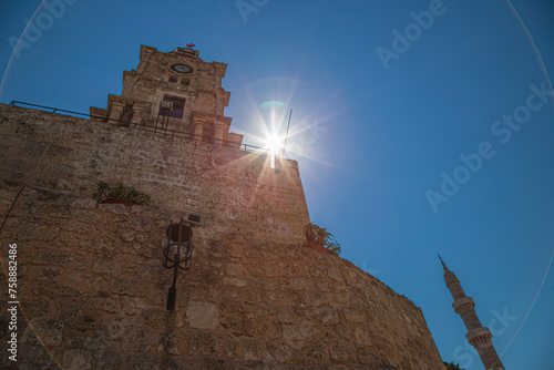The medieval Roloi Clock Tower, Rhodes, Greece