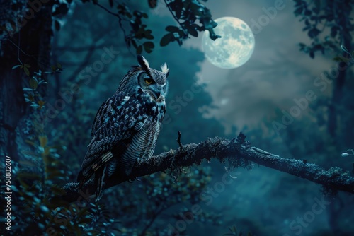 A serene owl perched on a moonlit branch in an ancient forest