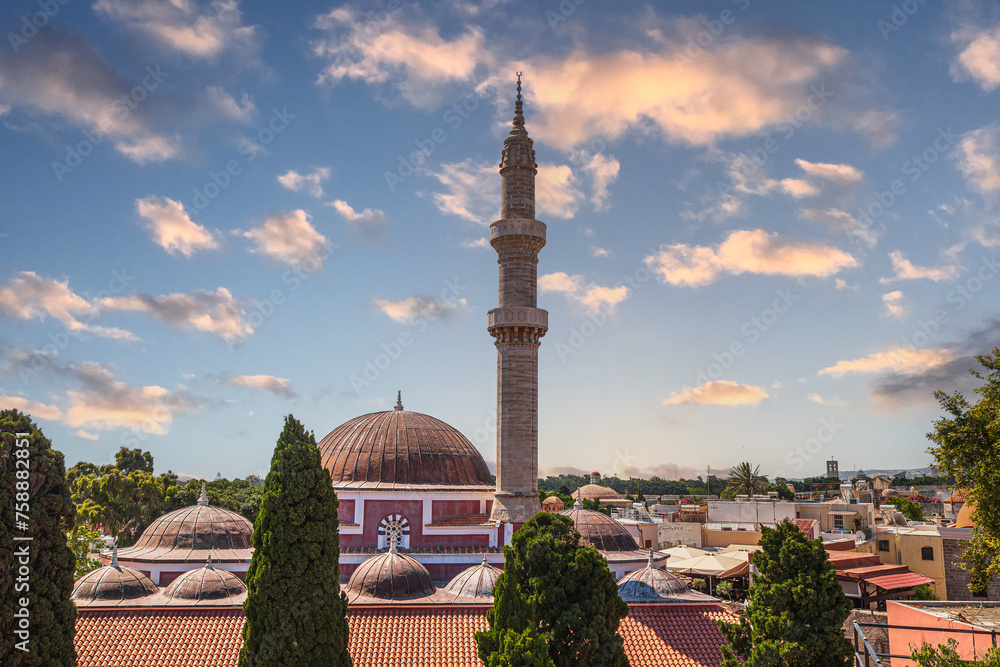 Fototapeta premium Aerial view over medieval Suleymaniye Mosque in the old city of Rhodes, Greece