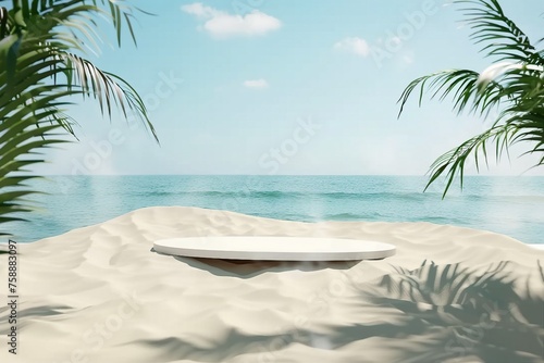 Product display stand and tropical palm leaves with sea background. 3D rendering. generative ai.