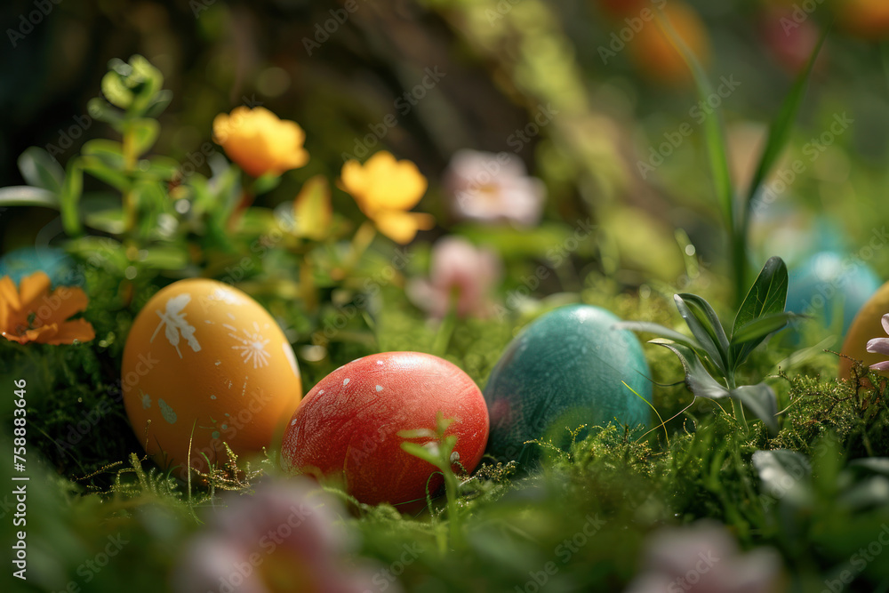 Close up of colorful Easter eggs with flowers hidden in the grass in spring forest. Spring holiday background