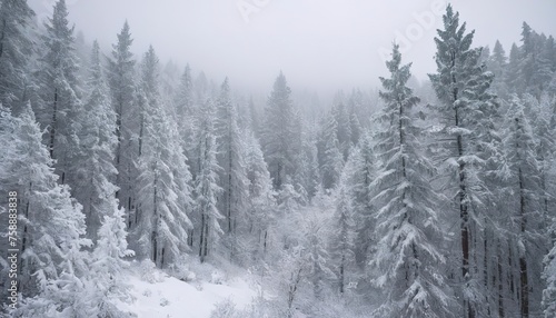 Snow covered forest with pine trees © Emilian