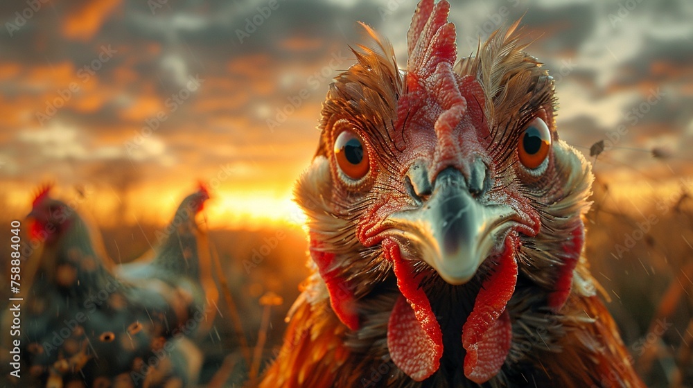 Beneath the watchful gaze of the rising sun a chicken stands proudly at the head of an army of fellow fowl Beneath the watchful gaze of the rising sun a chicken stands proudly at the head of an army of fellow fowl