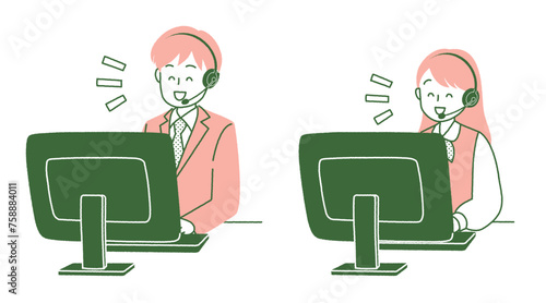 ヘッドセットを装着してパソコンに向かう男女