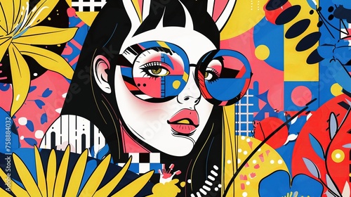Obraz przedstawia twarz kobiety z króliczymi uszami, na tle kolorowej kompozycji. Artystyczna interpretacja wiosny w stylu pop art dla nastolatków.
