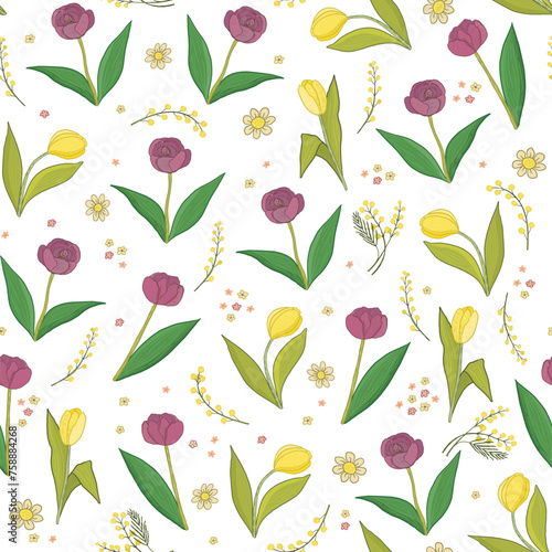 Tulip flowers vector seamless pattern.