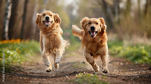 Two Golden retriever dogs running after each other in spring