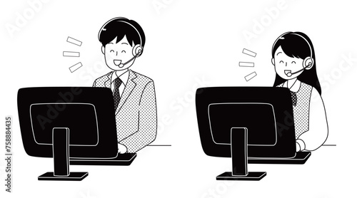 ヘッドセットを装着してパソコンに向かう男女