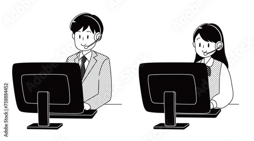 ヘッドセットを装着してパソコンに向かう男女