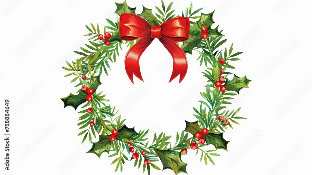 The Christmas wreath is framed with a circle. It is a traditional Xmas decoration, made of a leaf plant, ribbon bow, and holly berries on a white background. Modern illustration. The Christmas wreath is framed with a circle. It is a traditional Xmas decoration, made of a leaf plant, ribbon bow, and holly berries on a white background. Modern illustration.