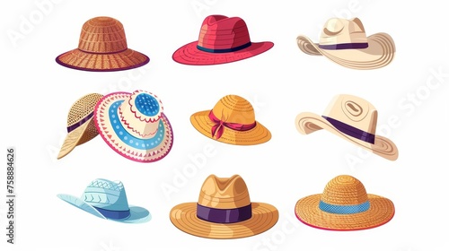 A set of summer hats for children. Kids headwear. Children's head accessories. Sun headdress, cartoon headgear. Colored flat modern illustrations.