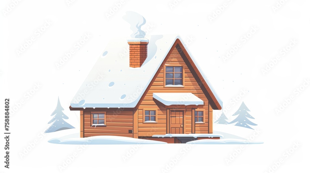 In winter, smoke rises from chimneys, roofs are covered with snow. Country home. Wooden house outside in cold weather, snowy season. Isolated on white. Blank background.