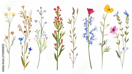 Set of fragile floral stems. Spring flora, blossoming branches, abstract designs of wildflowers. White background with flat modern illustration. © Mark