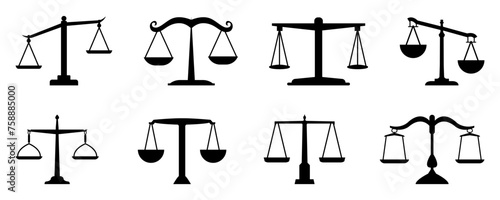 Balance scale or libra icon collection in black. Justice scales icons. Vintage scale in balance. Justice scales icon or risk evaluation symbol