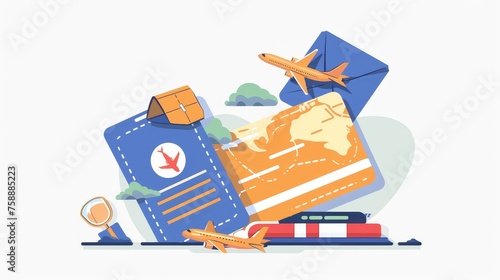 Online booking of air flight tickets, vacations, trips, and flight check-ins. A modern illustration of an airline boarding pass with passport, documents, and plane check in.