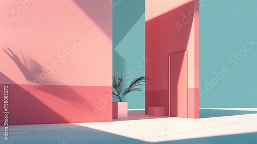 Różowo-niebieski budynek z doniczką z kwiatem. Minimalistyczny backdrop.