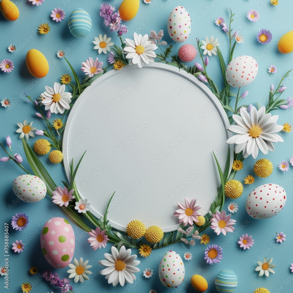 Easter background with empty space for text, a white circle surrounded by colorful Easter eggs and flowers, ai generated
