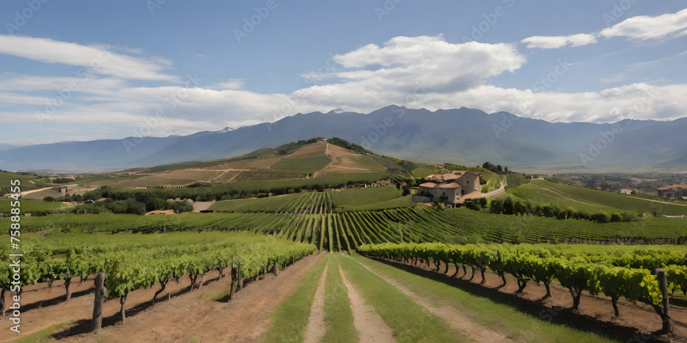 A picturesque vineyard with rows of grapevines and a mountain backdrop