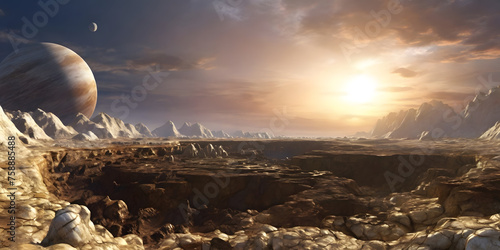  a rocky planet in space with a sunny view