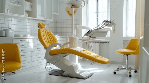 Modern dental practice. Dental chair and other accessories used by dentists in yellow, medic light