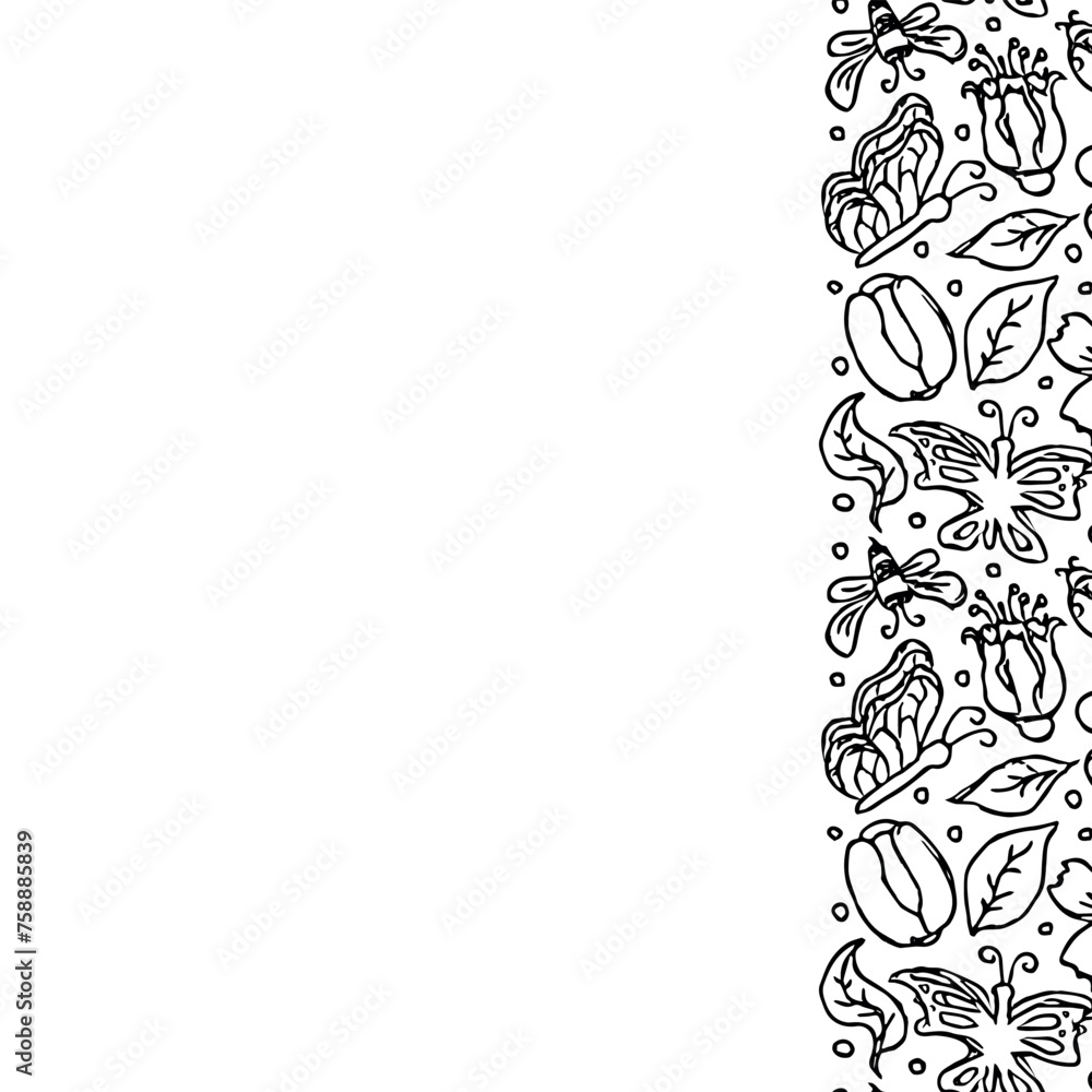 Spring floral frame with butterflies, bees and ladybugs. Seamless flowers background Spring floral frame with butterflies, bees and ladybugs. Seamless flowers background