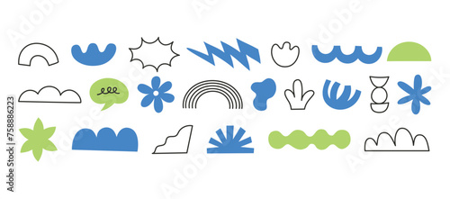 Vector set of stickers, scribbles and doodles in simple linear hand drawn style with copy space, minimal monoline design elements for posters, social media, print, banners