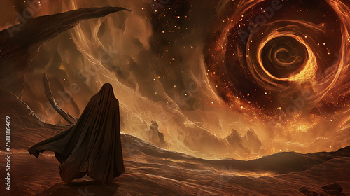 A cloaked traveler walks across alien cosmic terrain into a vortex that opens to different galaxies. Image that can be printed on t-shirts, paintings, hats and bags. Fantasy background