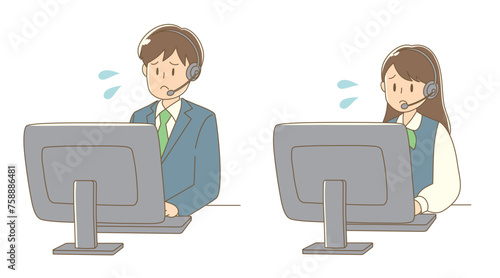 ヘッドセットを装着してパソコンに向かう男女