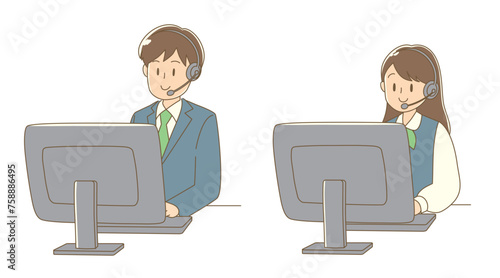 ヘッドセットを装着してパソコンに向かう男女