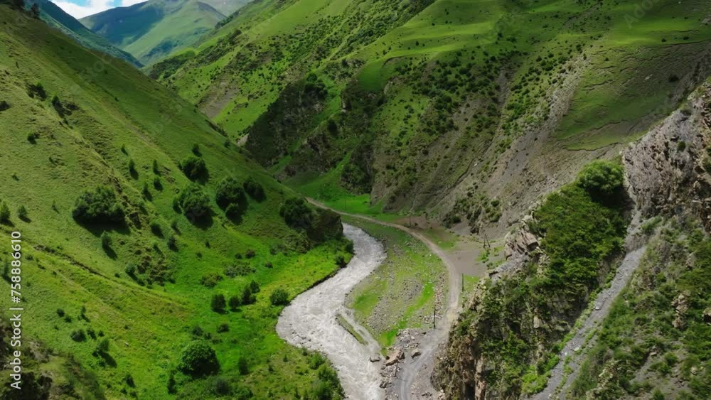 Aerial View of Winding River Cutting Through Green Mountainside with Scenic Terrain Aerial View of Winding River Cutting Through Green Mountainside with Scenic Terrain